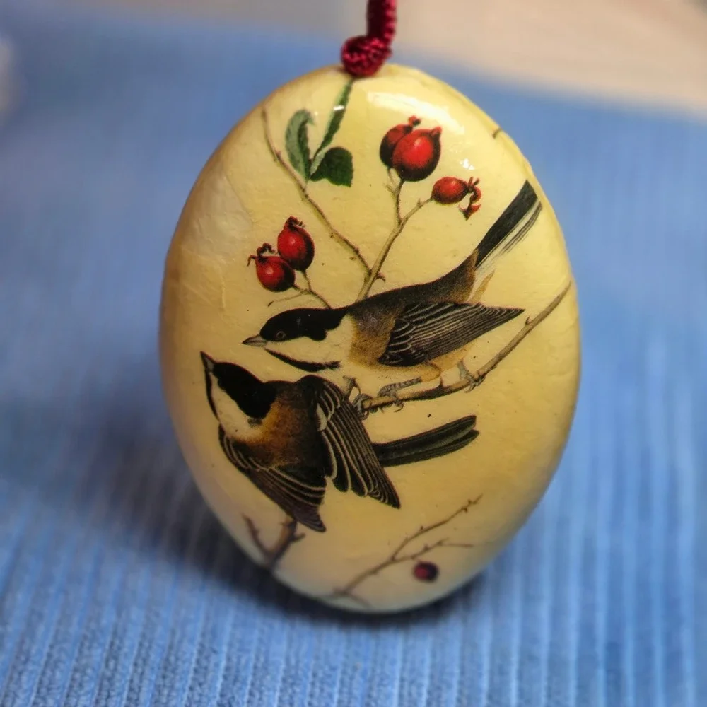 Vintage Chickadee Bird Decoupage Oval Hanging Ornament Nature Decor Double Sided